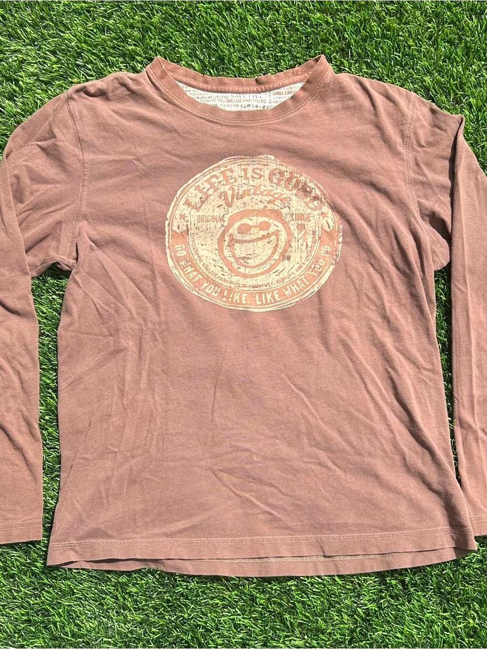 Life Is Good Women's Long Sleeve Tee in Dusty Rose with Vintage Graphic